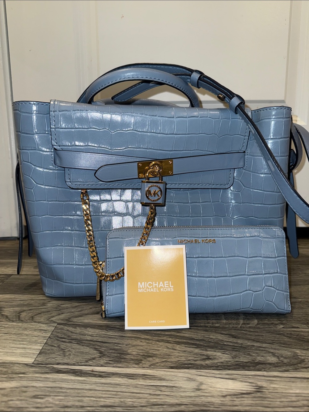 Michael Kors Hamilton Light Blue Croc-Embossed Satchel with Wallet
